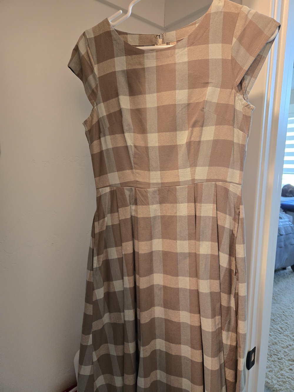 Mata Traders Beige and Cream Plaid Midi Dress